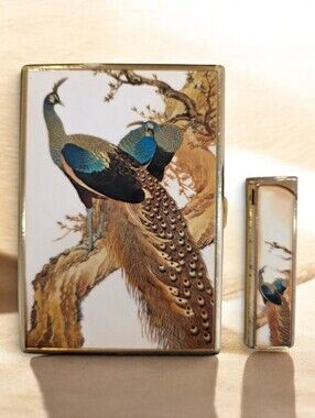 Vintage Flamex Cigarette Case Set in White with Peacocks